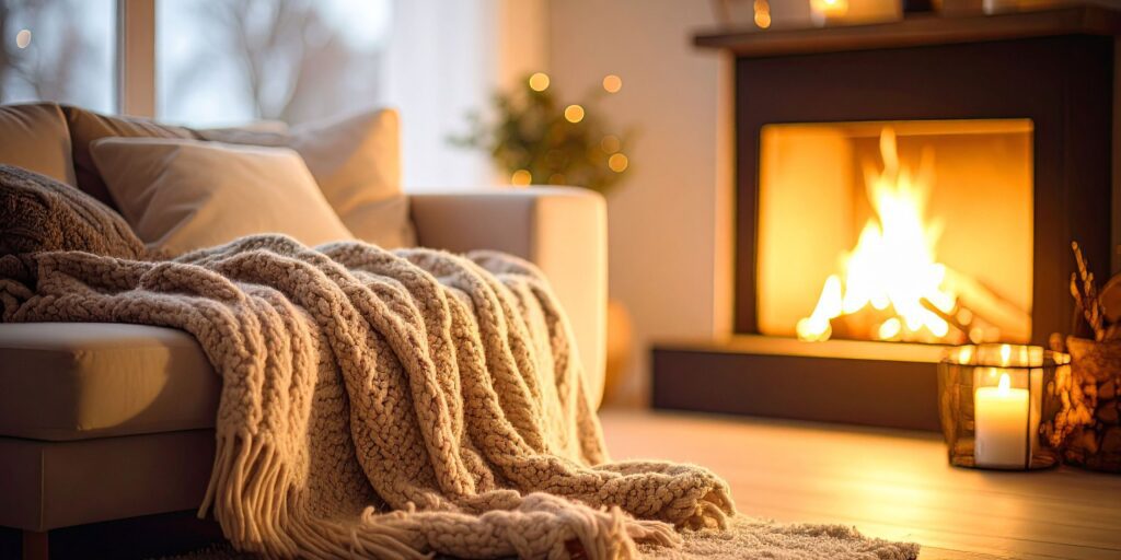 A sofa with a cozy blanket draped across it in a living room with a wood burning fireplace.